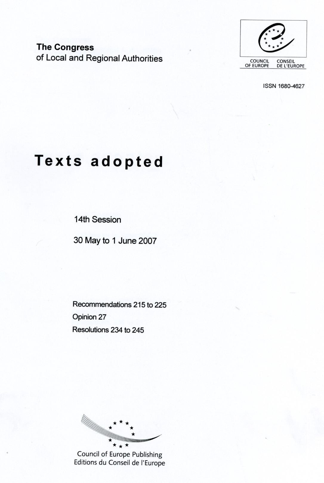 The Congress of Local and Regional Authorities - Texts adopted - 14th Session - 30 May to 1 June 2007