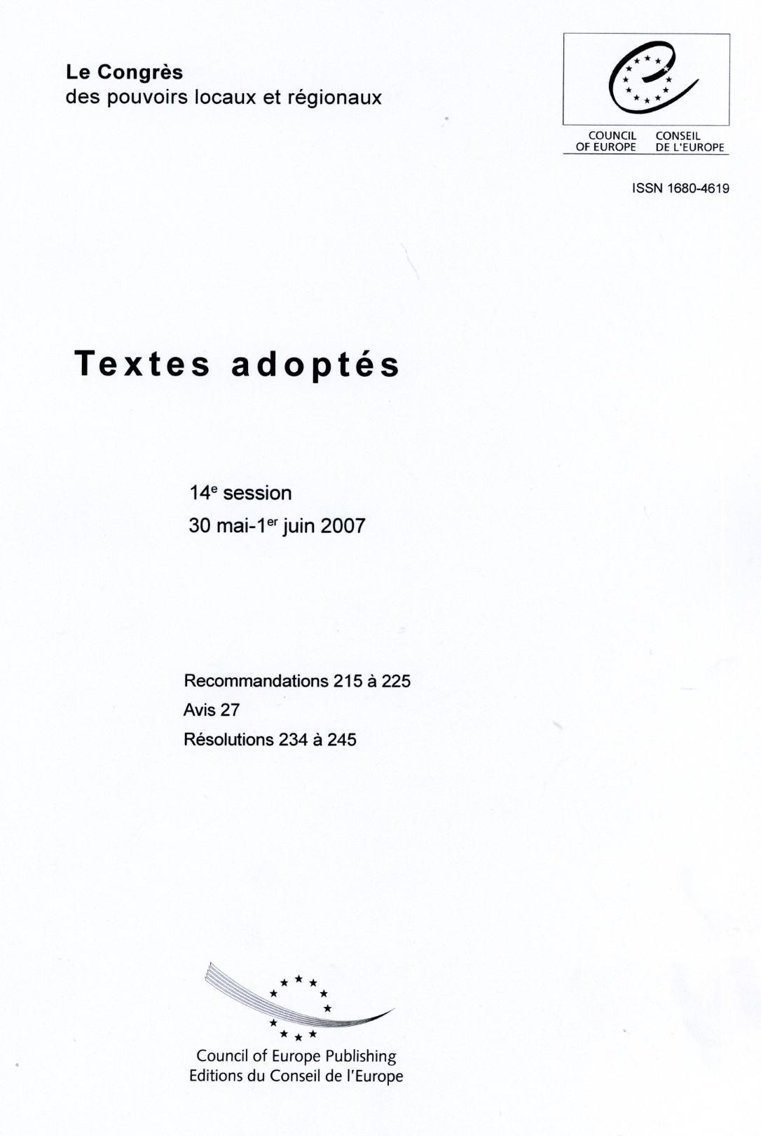 Le Congrés des pouvoirs locaux et régionaux - Textes adoptés - 14e session - 30 mai-1er juin 2007