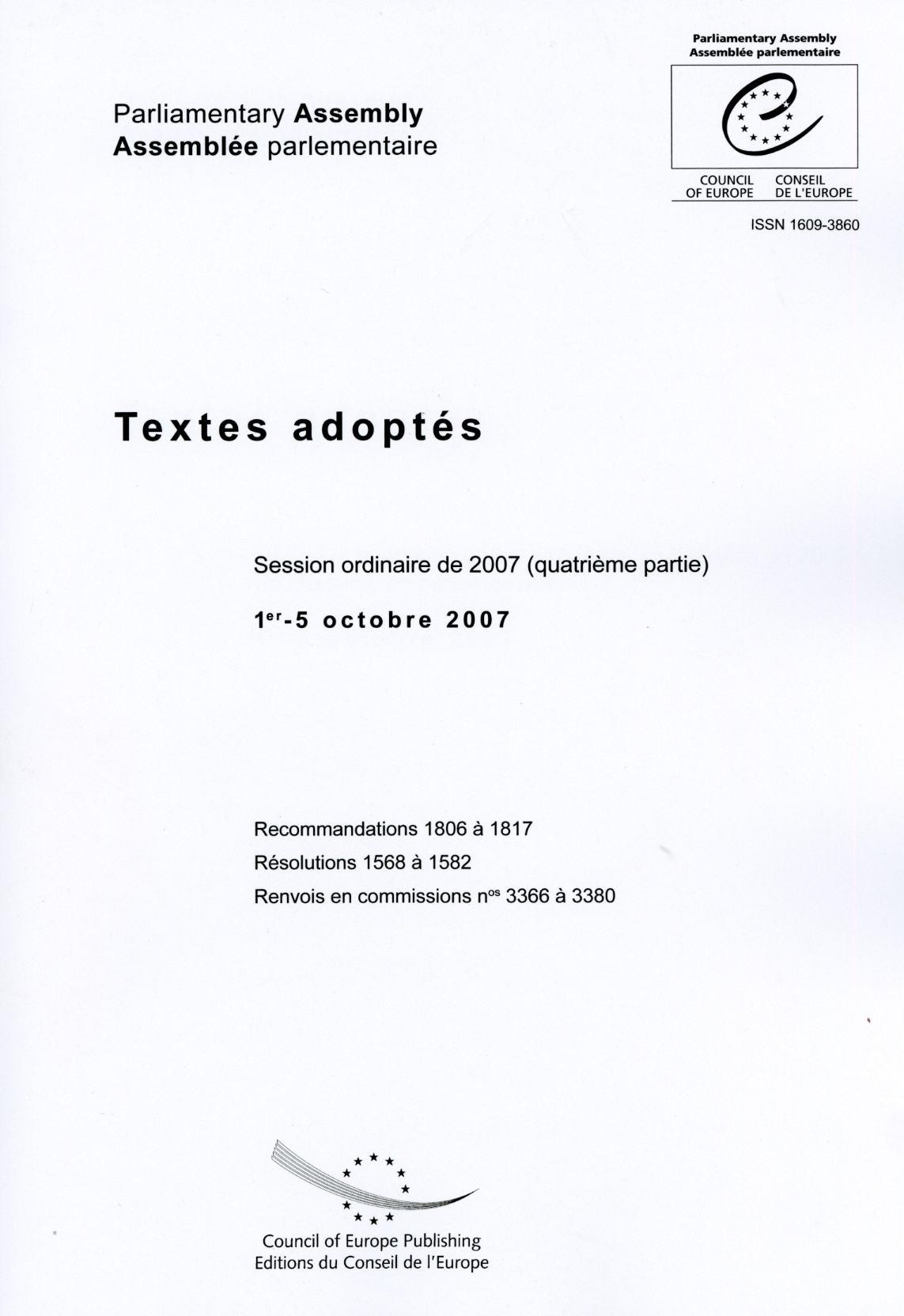 Assemblée parlementaire - Textes adoptés - Session ordinaire de 2007 (quatrième partie) 1er-5 octobre 2007