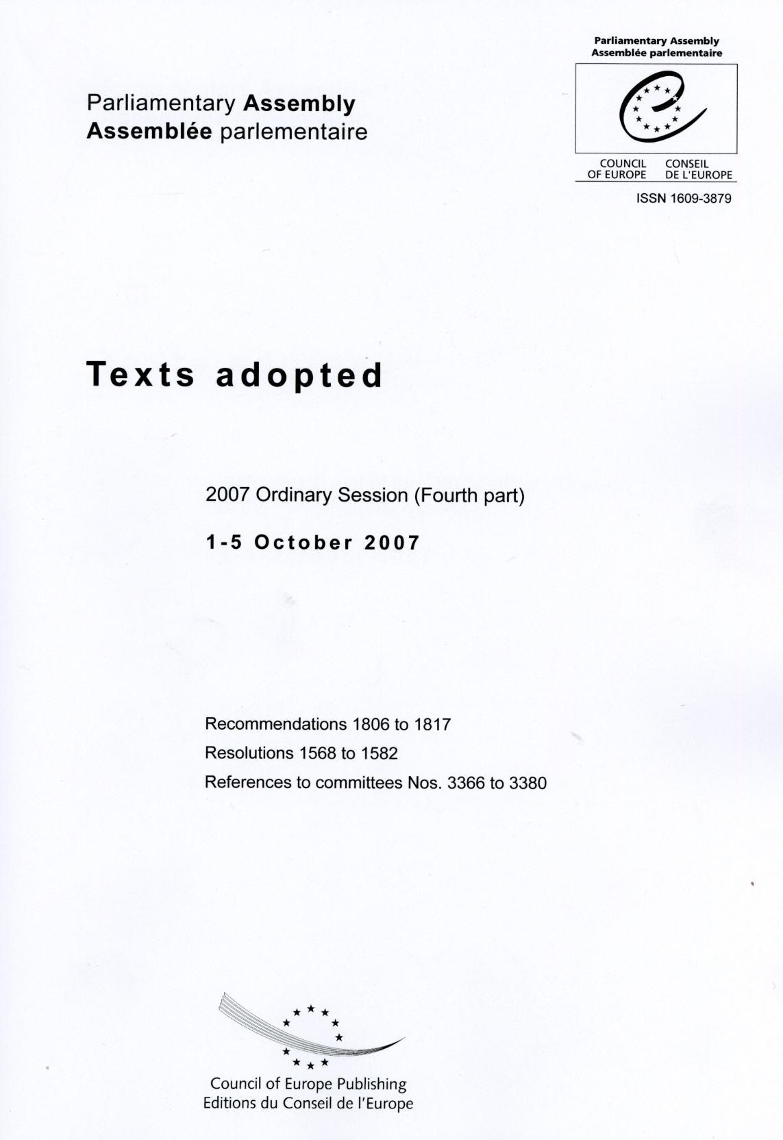 Parliamentary Assembly - Texts adopted - 2007 Ordinary Session (fourth part) 1-5 October 2007
