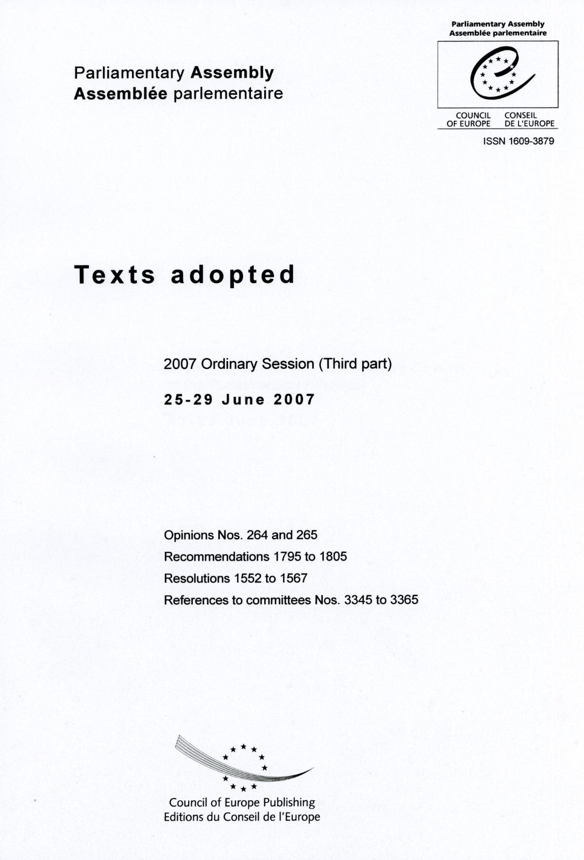 Parliamentary Assembly - Texts adopted - 2007 Ordinary Session (Third part) 25-29 June 2007