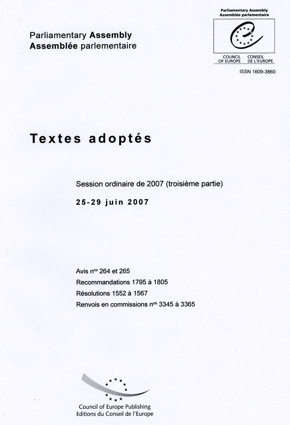 Assemblée parlementaire - Textes adoptés - Session ordinaire de 2007 (troisième partie) 25-29 juin 2007