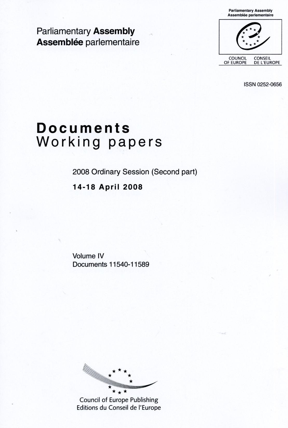 Parliamentary Assembly - Working papers - 2008 Ordinary Session (Second part), 14-18 April 2008 - Volume IV