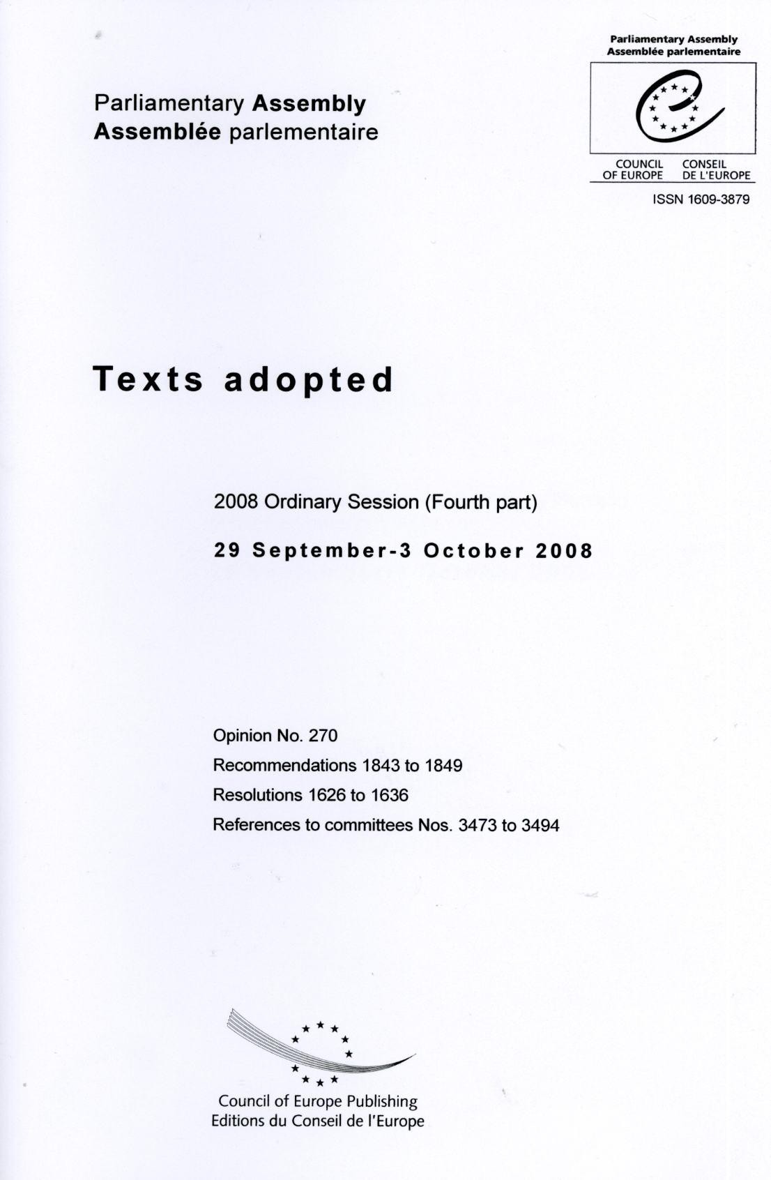 Parliamentary Assembly - Texts adopted - 2008 Ordinary Session (fourth part) - 29 September-3 October 2008