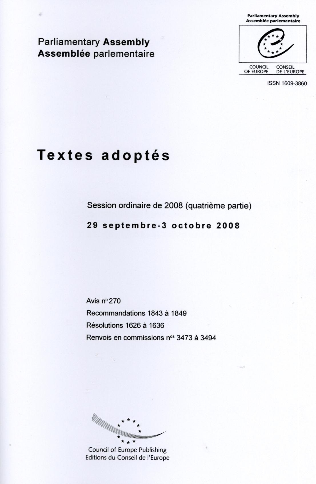 Assemblée parlementaire - Textes adoptés - Session ordinaire de 2008 (quatrième partie) - 29 septembre-3 octobre 2008