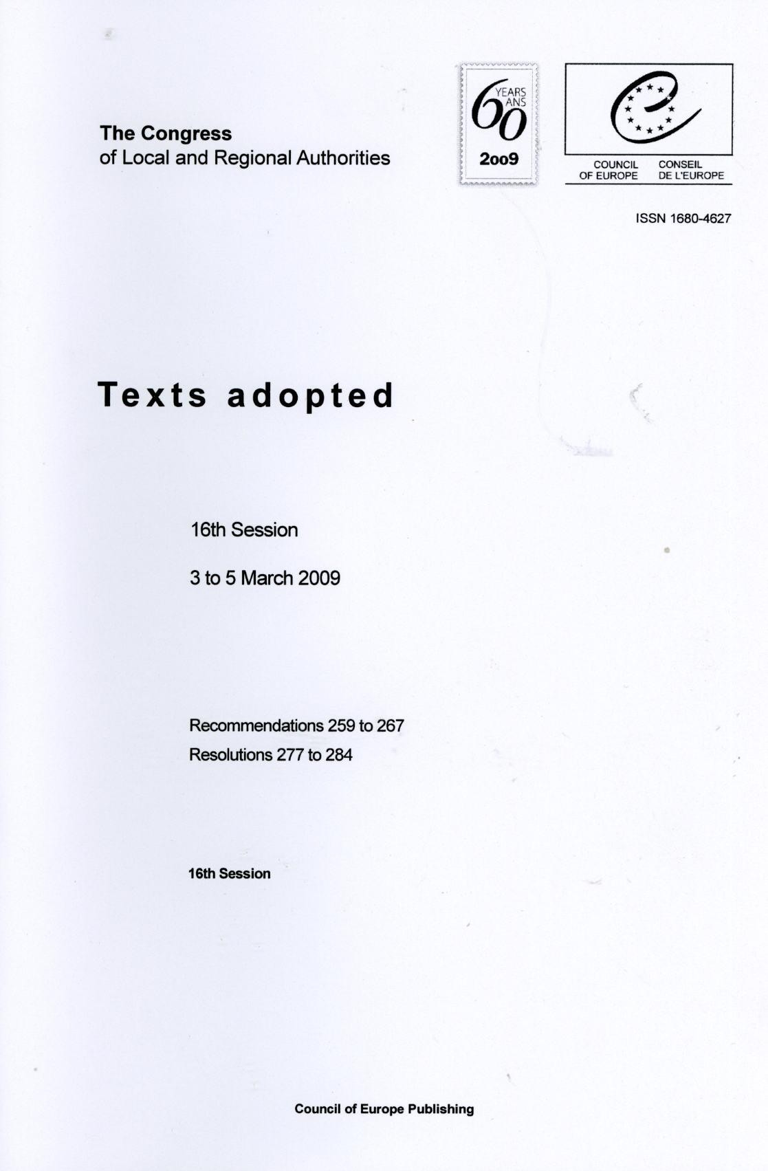 The Congress of Local and Regional Authorities - Texts adopted - 16th Session - 3 to 5 March 2009
