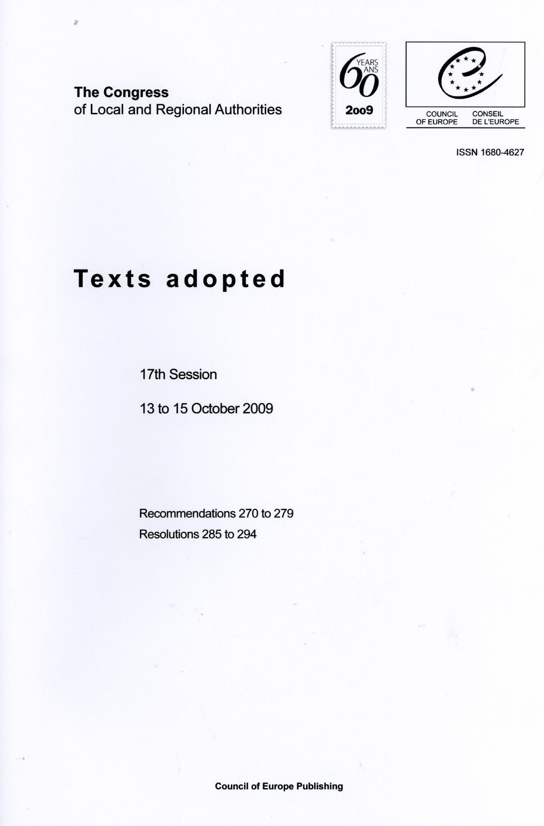 The Congress of Local and Regional Authorities - Texts adopted - 17th Session - 13 to 15 October 2009