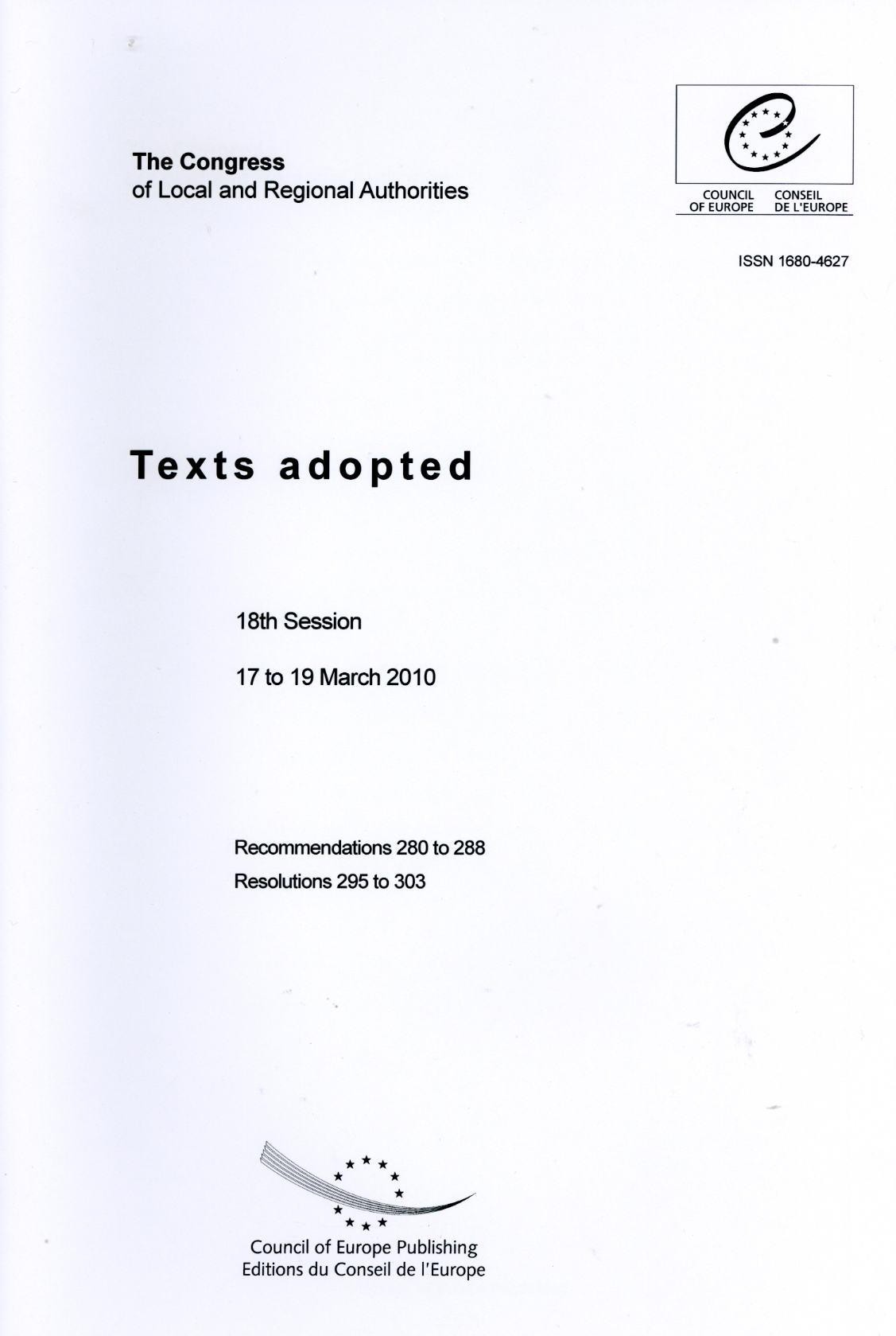 The Congress of Local and Regional Authorities - Texts adopted - 18th Session - 17 to 19 March 2010