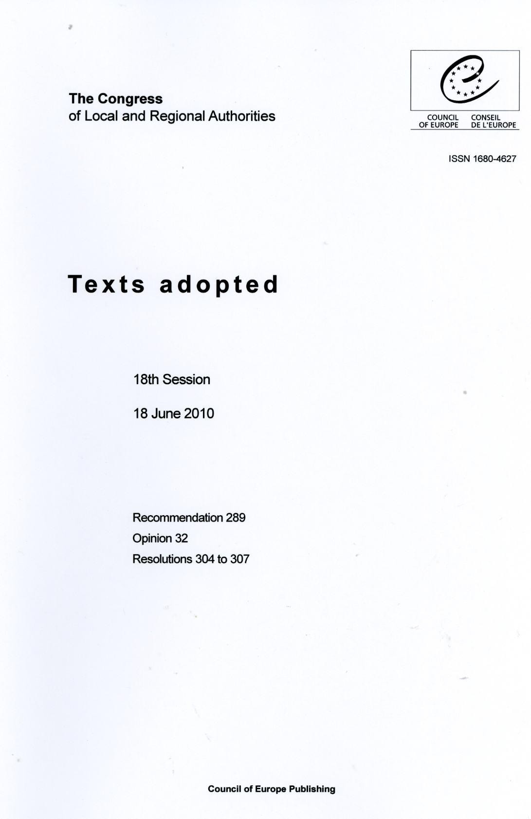 The Congress of Local and Regional Authorities - Texts adopted - 18th Session - 18 June 2010