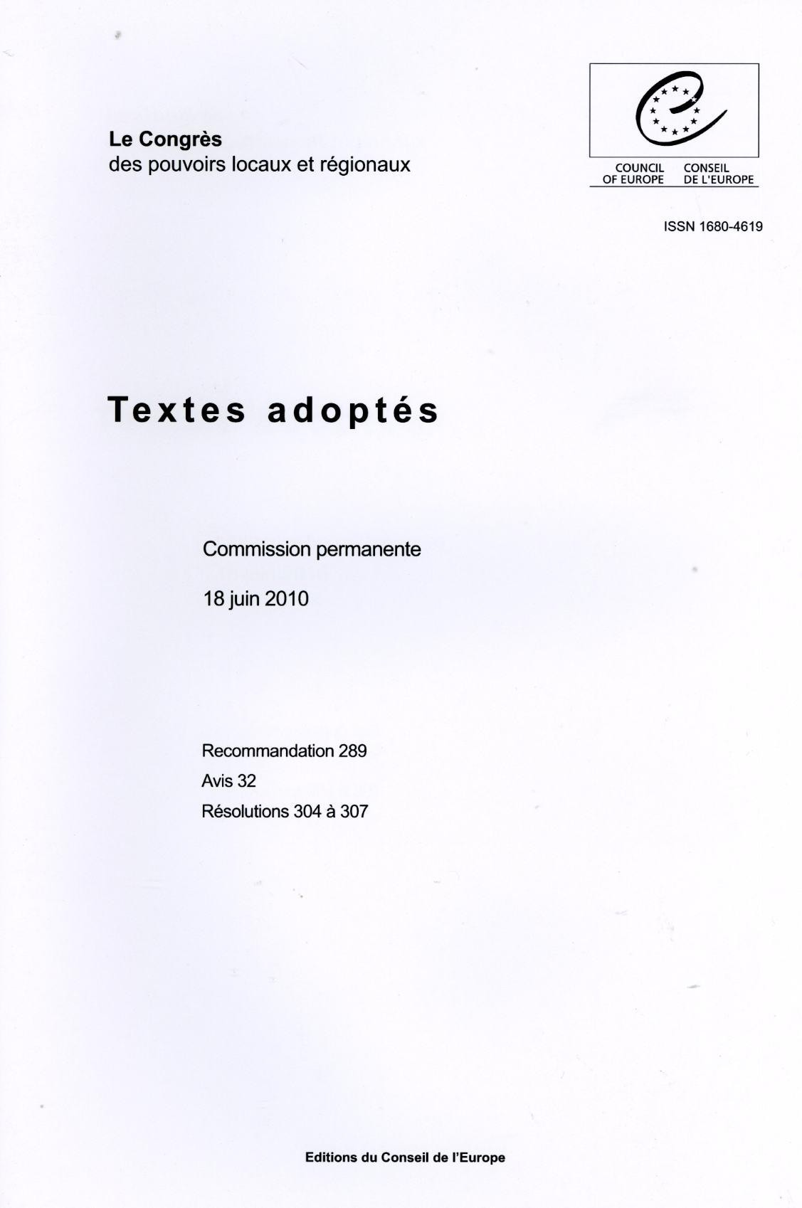 Le Congrès des pouvoirs locaux et régionaux - Textes adoptés - Commission permanente, 18 juin 2010