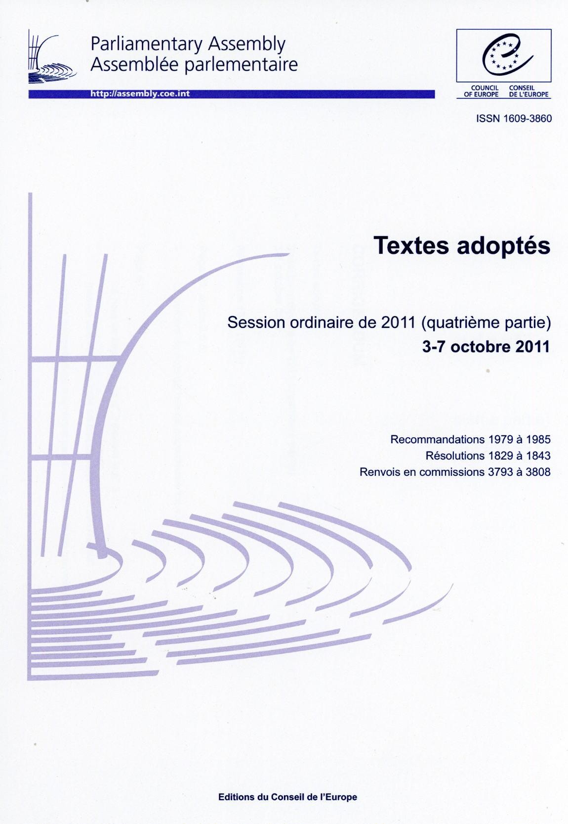 Assemblée parlementaire - Textes adoptés - Session ordinaire de 2011 (quatrième partie) 3-7 octobre 2011