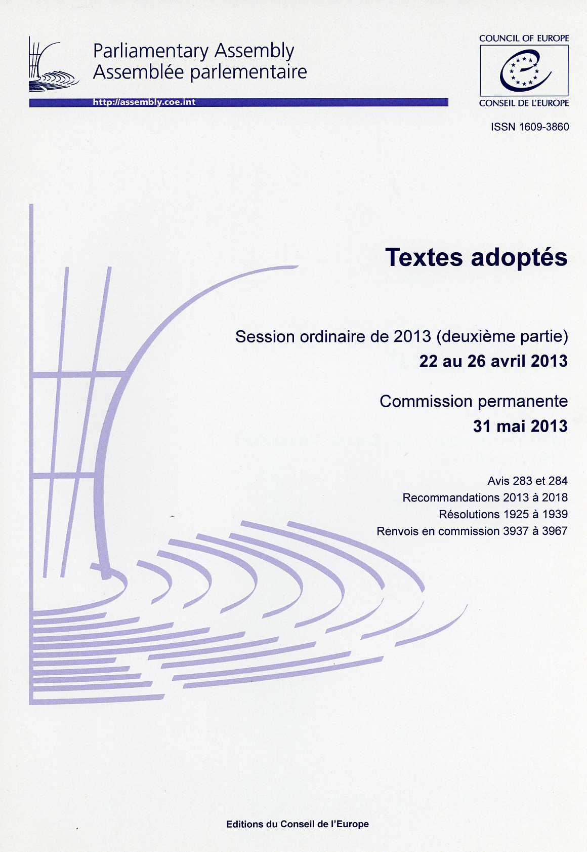 Assemblée parlementaire - Textes adoptés - Session ordinaire de 2013 (deuxième partie) 22 au 26 avril 2013, Commission permanente 31 mai 2013