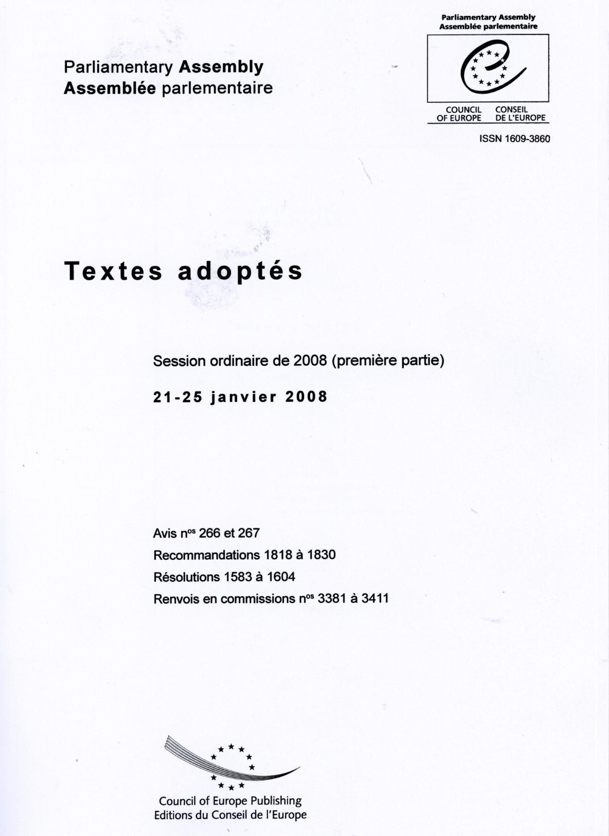 Assemblée parlementaire - Textes adoptés - Session ordinaire de 2008 (première partie) 21-25 janvier 2008